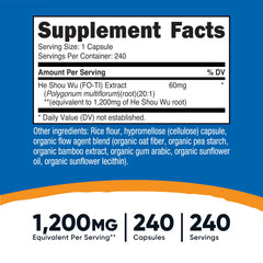 Nutricost He Shou Wu bottle label close-up showing 60 mg Fo-Ti extract per serving