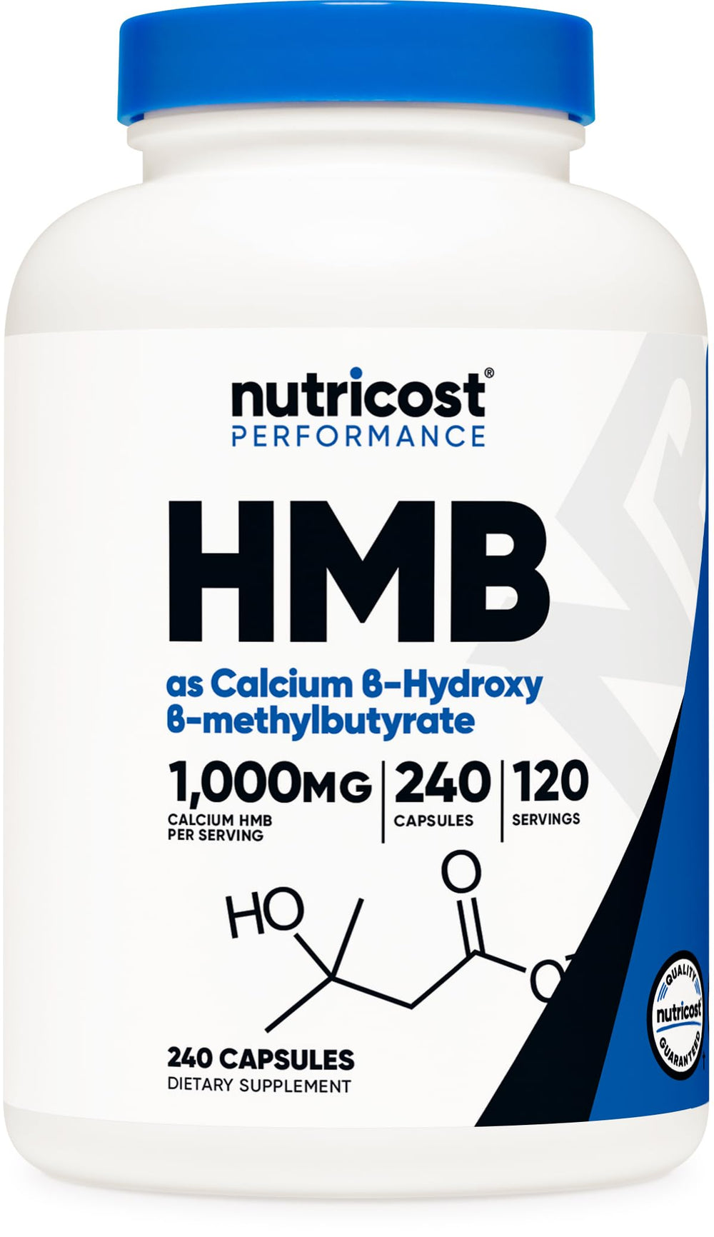 Nutricost HMB bottle label highlights 1000 mg per serving and gluten-free formula.
