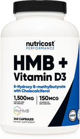 Nutricost HMB D3 bottle front, gluten-free and non-GMO daily supplement