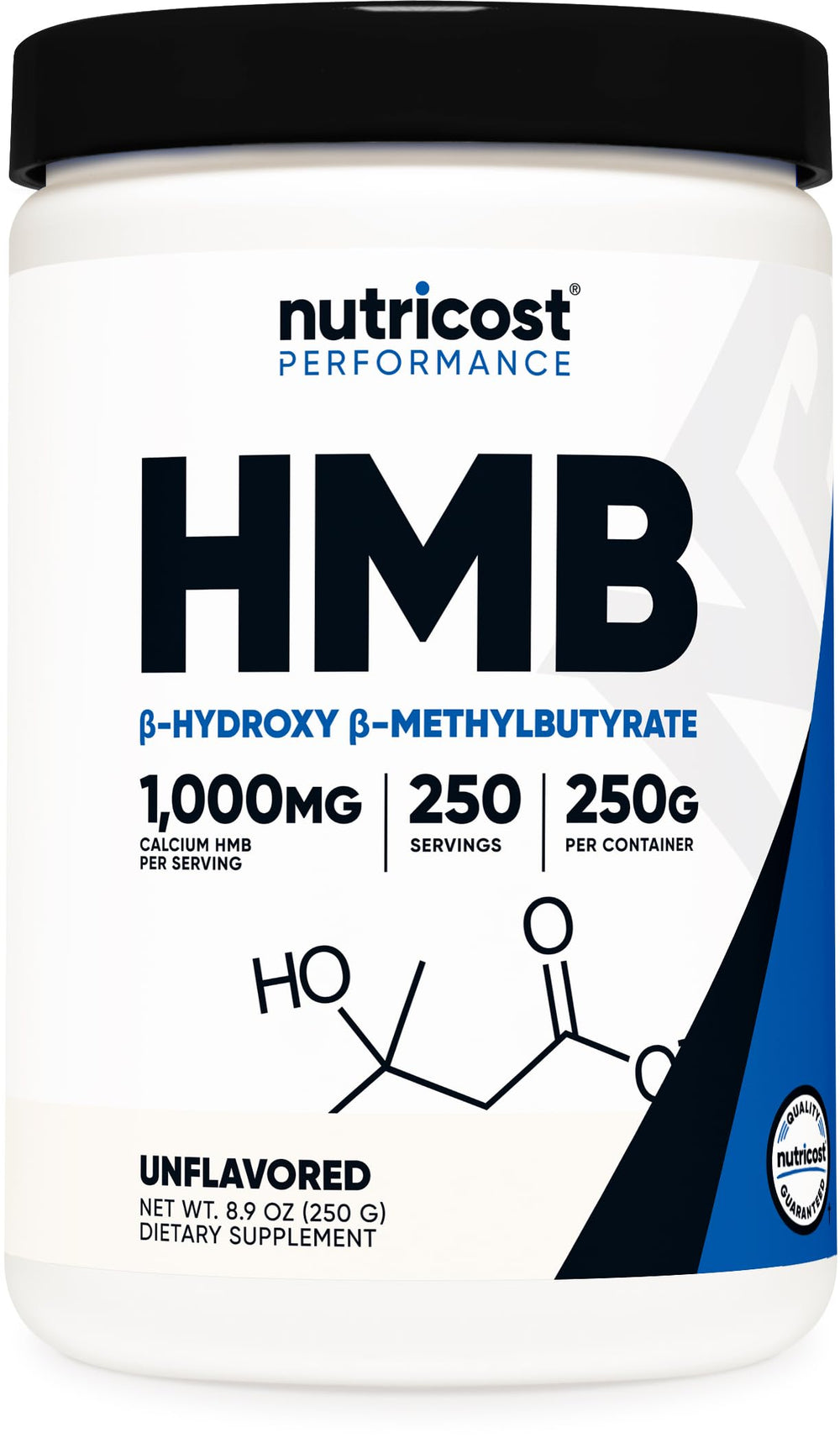 Nutricost HMB powder bottle front view, convenient gluten-free supplement option.