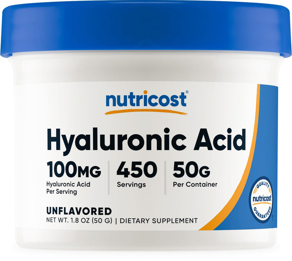 Nutricost Hyaluronic Acid powder bottle for 450 servings, gluten-free and easy to mix.