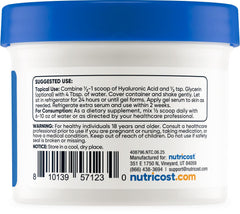 Nutricost Hyaluronic Acid powder gluten-free non-GMO label highlights clean ingredients.