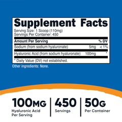 Nutricost Hyaluronic Acid powder with scoop measure for precise daily dosing.