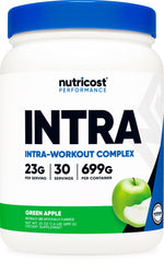 Nutricost Intra Workout Powder Green Apple tub showcases refreshing flavor and steady energy for workouts