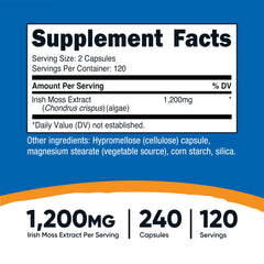 Nutricost Irish Sea Moss capsules close-up on label, showing 1,200mg per serving detail.