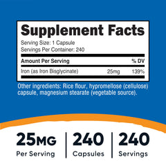 Nutricost Iron Bisglycinate bottle showing 240 capsules for long-lasting supply.