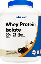 Nutricost Isolate Whey Vanilla front tub showing 5 lb packaging for convenient protein