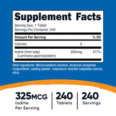 Nutricost Kelp Tablets label view highlights 325mcg iodine per tablet.