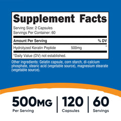 Nutricost Keratin Hydrolized Peptide Capsules close-up showing easy-to-swallow capsules.