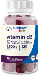 Nutricost Kids Vitamin D3 Gummies bottle with mixed berry flavor for daily supplementation
