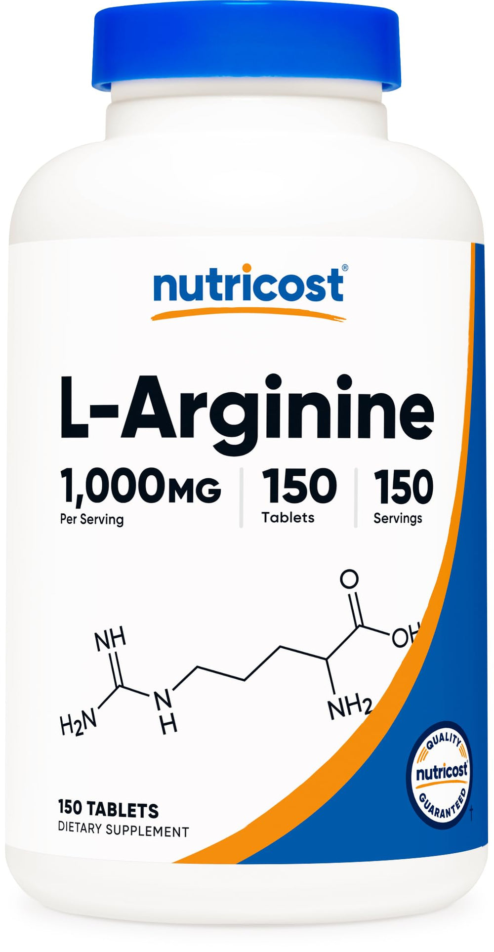 Nutricost L-Arginine 1000mg bottle front, convenient daily support for workouts