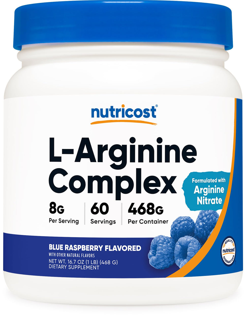 Nutricost L-Arginine Complex blue raspberry bottle ready for pre-workout use