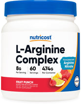 Nutricost L-Arginine Complex fruit punch bottle for pre-workout routines