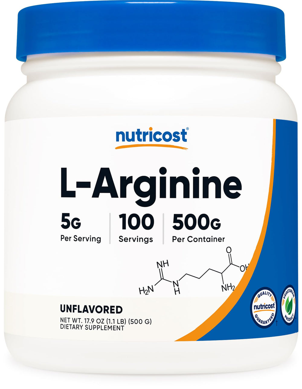 Nutricost L-Arginine powder jar for daily supplement routines.