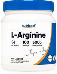 Nutricost L-Arginine powder jar for daily supplement routines.