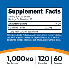 Nutricost L-Carnitine Tartrate bottle label closeup highlighting non-GMO and gluten-free ingredients.