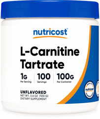 Nutricost L-Carnitine Tartrate powder bottle shows premium supplement for daily energy support.