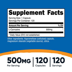 Nutricost L-Carnosine 500mg capsules close-up in plant-based formulation.