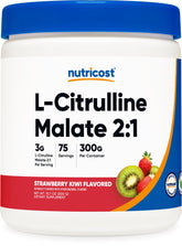 Nutricost L-Citrulline Malate 2:1 bottle with strawberry kiwi flavor for convenient pre-workout refreshment.