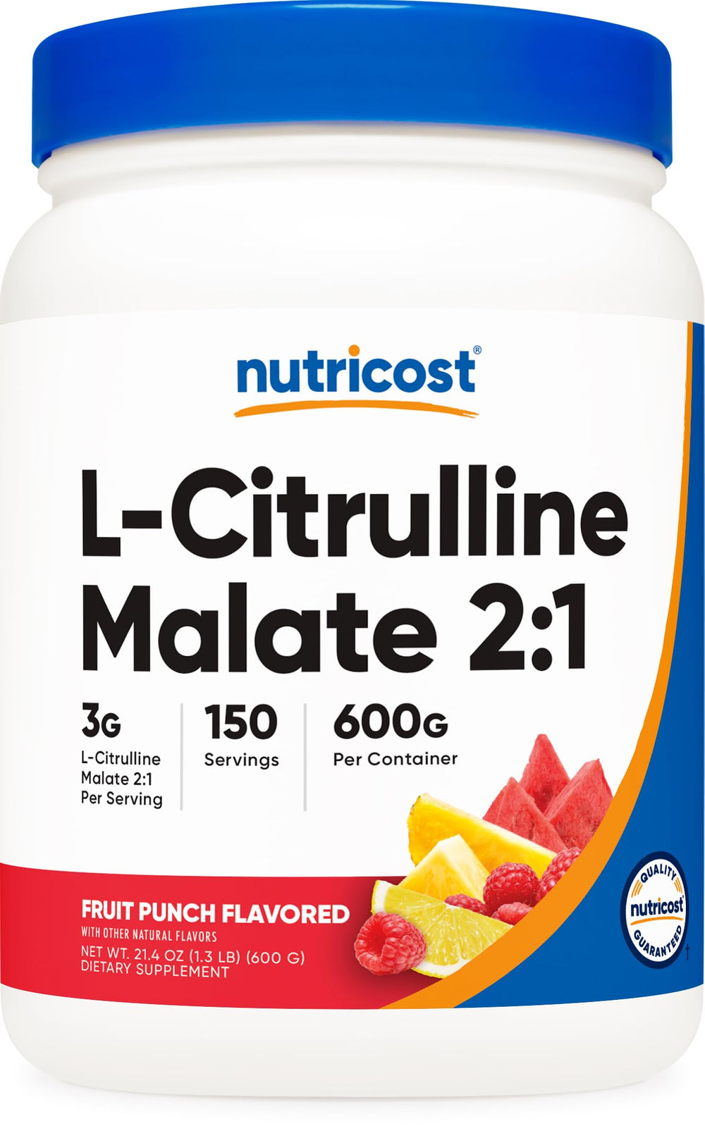 Nutricost L-Citrulline Malate 2:1 Fruit Punch bottle label indicating pre-workout support.