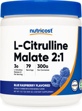 Nutricost L-Citrulline Malate 2:1 bottle with blue raspberry flavor for workout endurance.