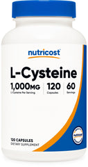 Nutricost L-Cysteine 1000mg bottle front with gluten-free and non-GMO label.