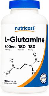 Nutricost L-Glutamine 800mg bottle with gluten-free formula for daily use.
