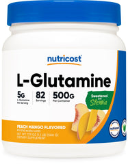 Nutricost L-Glutamine Peach Mango bottle with clear serving information.