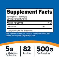 Nutricost L-Glutamine Peach Mango powder with scoop demonstrates precise 5 g servings for daily use.