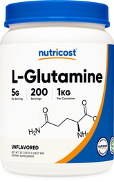Nutricost L-Glutamine powder 1kg bottle with clean, unflavored formula.