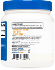 Label on Nutricost L-Glutamine powder highlights gluten-free and non-GMO benefits.
