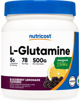 Nutricost L-Glutamine Blackberry Lemonade bottle shows refreshing flavor for daily shakes.