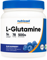 Nutricost L-Glutamine powder bottle with blue raspberry flavor for post-workout support.