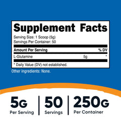 Nutricost L-Glutamine powder scoop demonstrates convenient serving size for precise measurement.