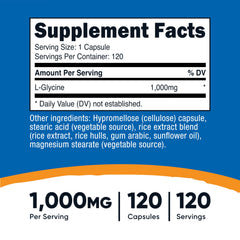 Nutricost L-Glycine 1000mg bottle front, easy to identify for daily supplementation.