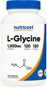 Nutricost L-Glycine 1000mg capsules in a bottle for daily use.