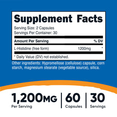 Nutricost L-Histidine bottle pour demonstrates easy two-capsule daily serving.