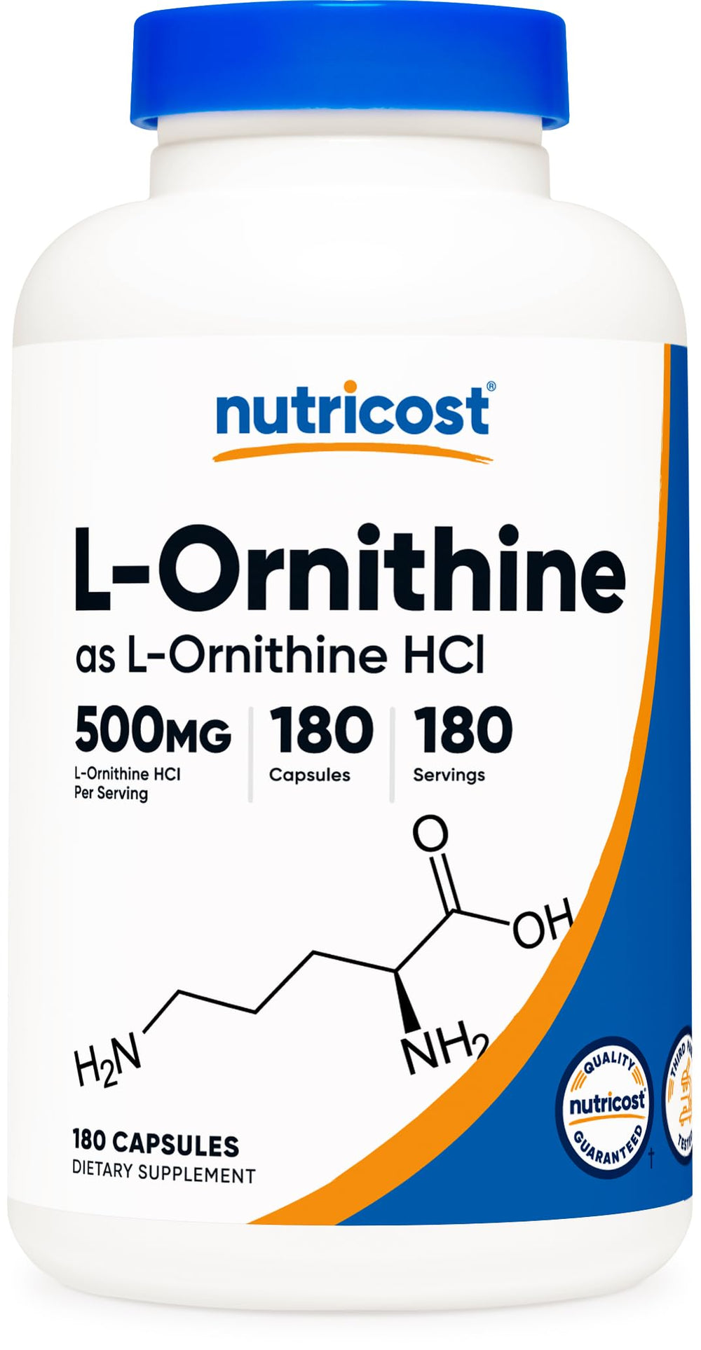 Nutricost L-Ornithine 500mg bottle front for daily wellness.
