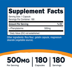 Nutricost L-Phenylalanine capsules inside provide 500mg per capsule for convenient dosing.