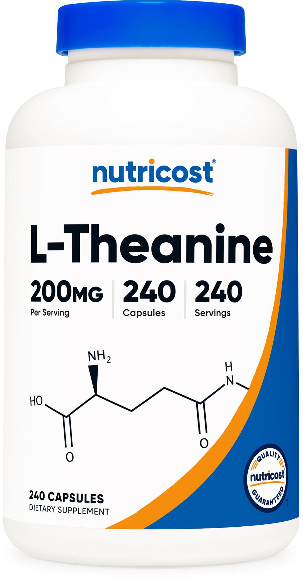 Nutricost L-Theanine 200mg bottle front view for calm focus routine.