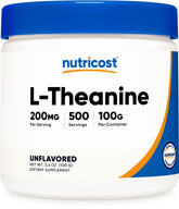 Nutricost L-Theanine powder bottle shows gluten-free, non-GMO formula for calm focus.
