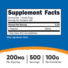 Nutricost L-Theanine powder scoop demonstrates easy 200 mg serving for daily use.