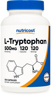 Nutricost L-Tryptophan 500mg bottle close-up for daily use.