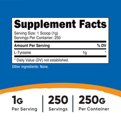 Close-up of Nutricost L-Tyrosine jar label highlighting purity