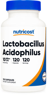 Nutricost Lactobacillus Acidophilus bottle front for daily gut balance.