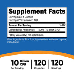 Nutricost Lactobacillus Acidophilus 120 capsules per bottle provides convenient daily probiotic support.