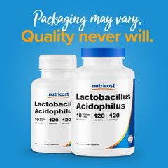 Nutricost Lactobacillus Acidophilus gluten-free and non-GMO badge on label.