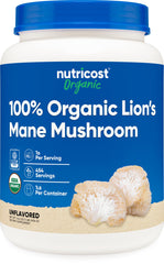 Nutricost Lion's Mane powder bottle front view for organic supplement quality.