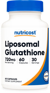 Nutricost liposomal glutathione bottle close-up showing vegan and gluten-free benefits