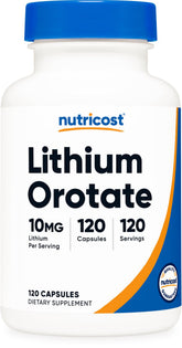 Nutricost Lithium Orotate 10mg bottle close-up showing compact vegan capsules for daily wellness
